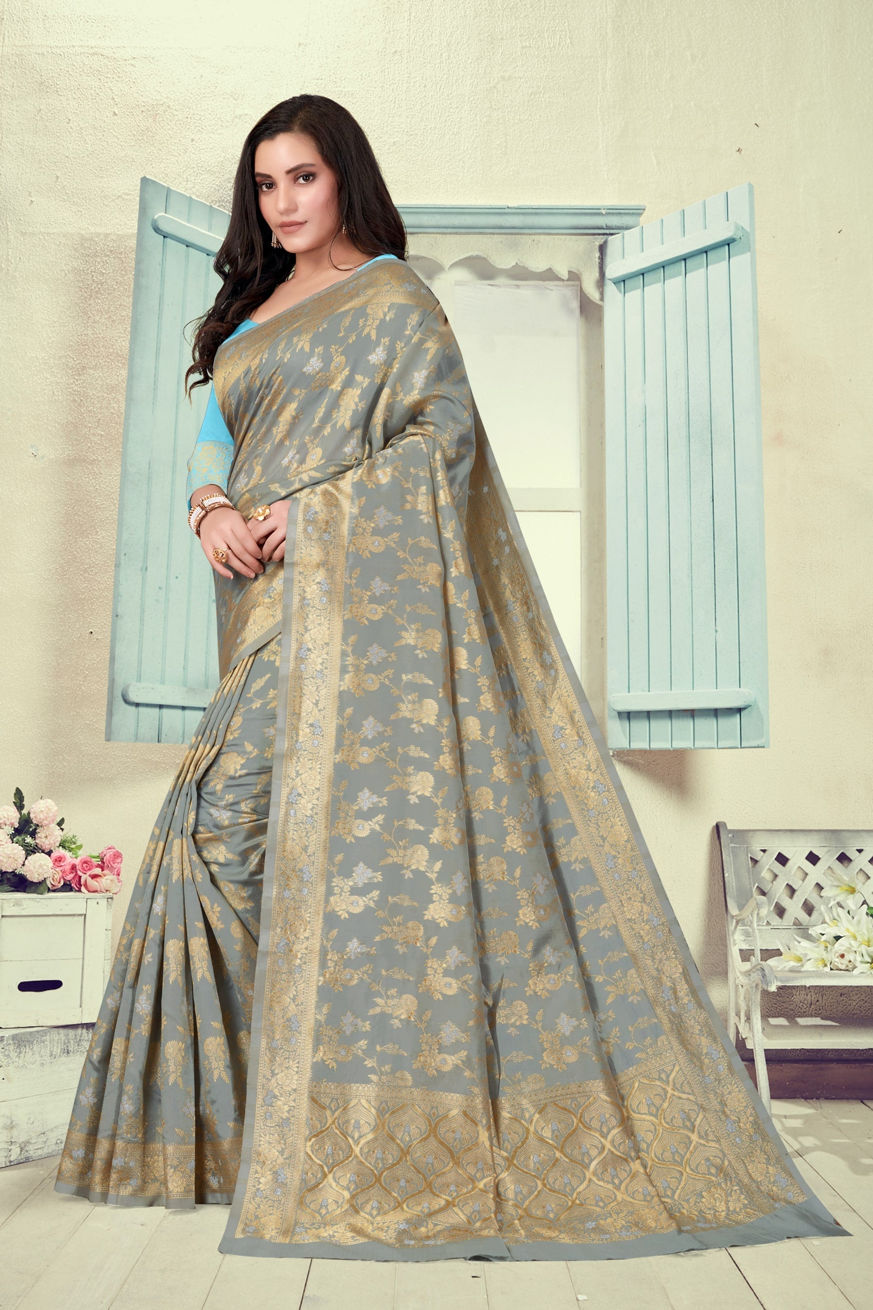Vedant Vastram Litchi Silk Designer Banarasi Saree - Grey | Grocsy