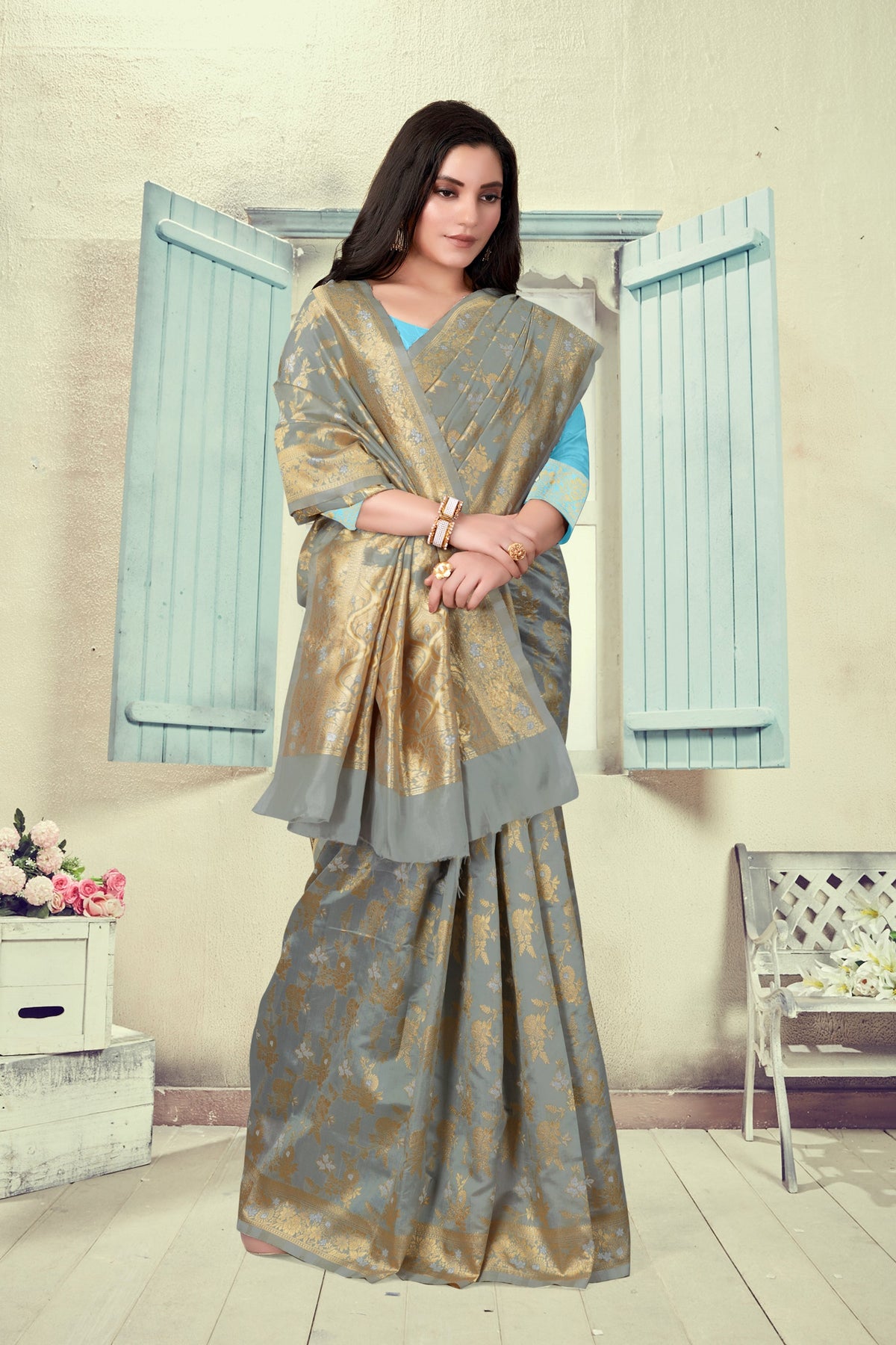 Vedant Vastram Litchi Silk Designer Banarasi Saree - Grey | Grocsy