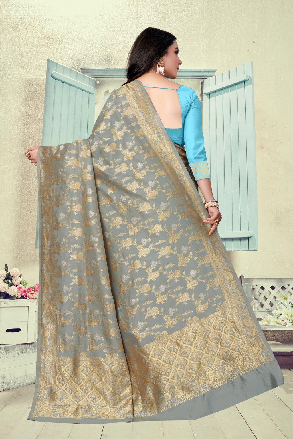 Vedant Vastram Litchi Silk Designer Banarasi Saree - Grey | Grocsy