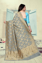 Vedant Vastram Litchi Silk Designer Banarasi Saree - Grey | Grocsy