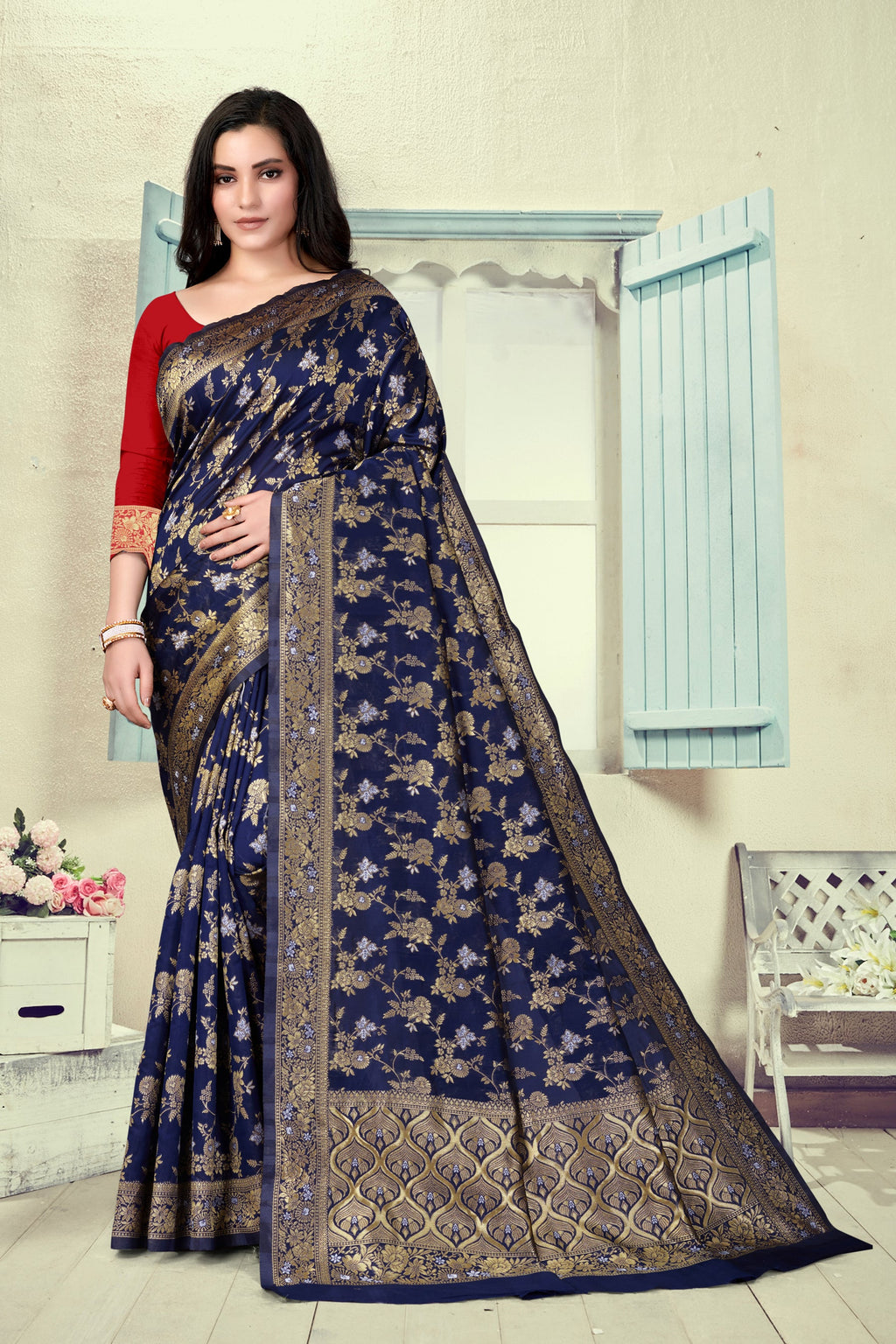 Vedant Vastram Litchi Silk Designer Banarasi Saree - Navy Blue | Grocsy