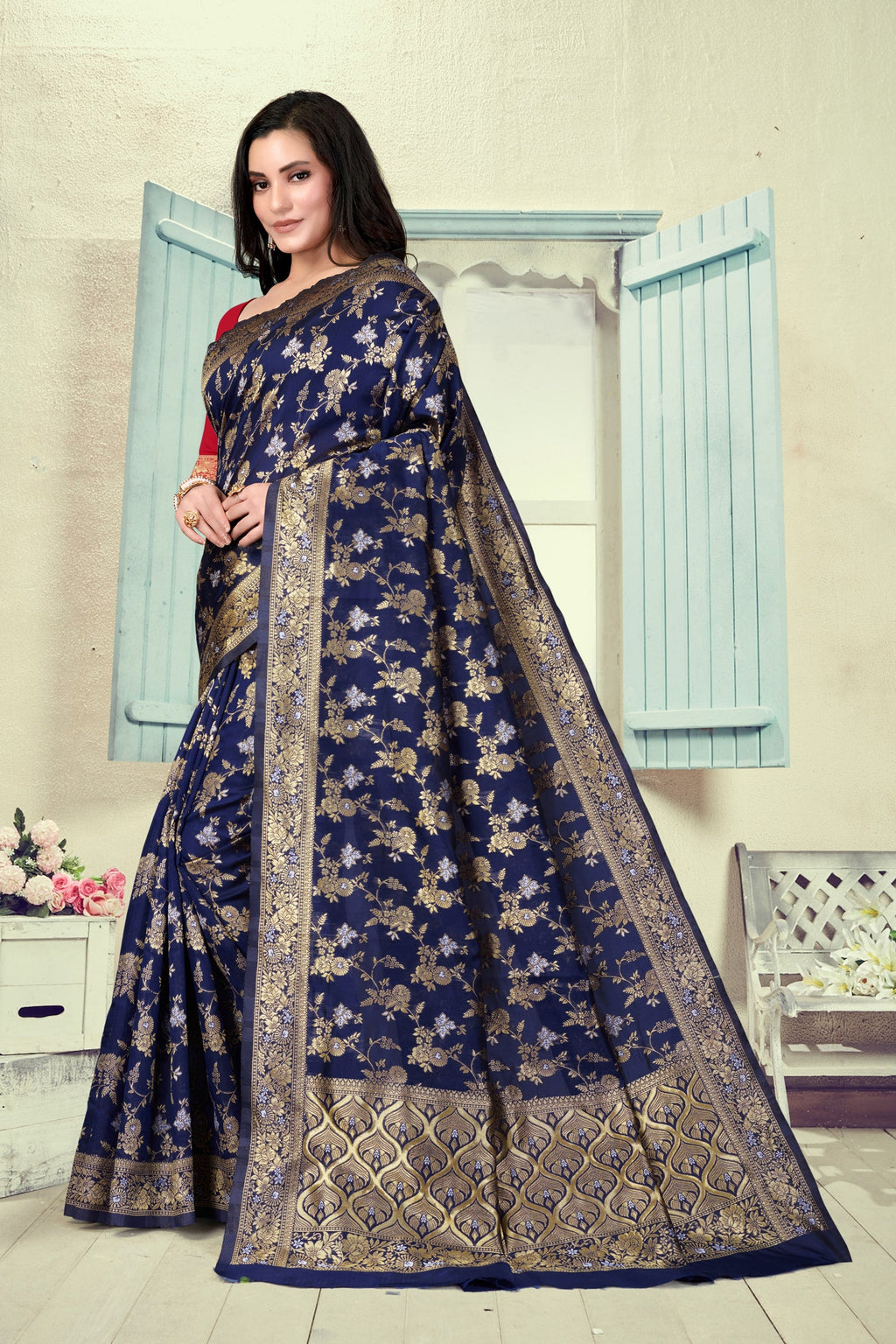 Vedant Vastram Litchi Silk Designer Banarasi Saree - Navy Blue | Grocsy