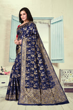 Vedant Vastram Litchi Silk Designer Banarasi Saree - Navy Blue | Grocsy