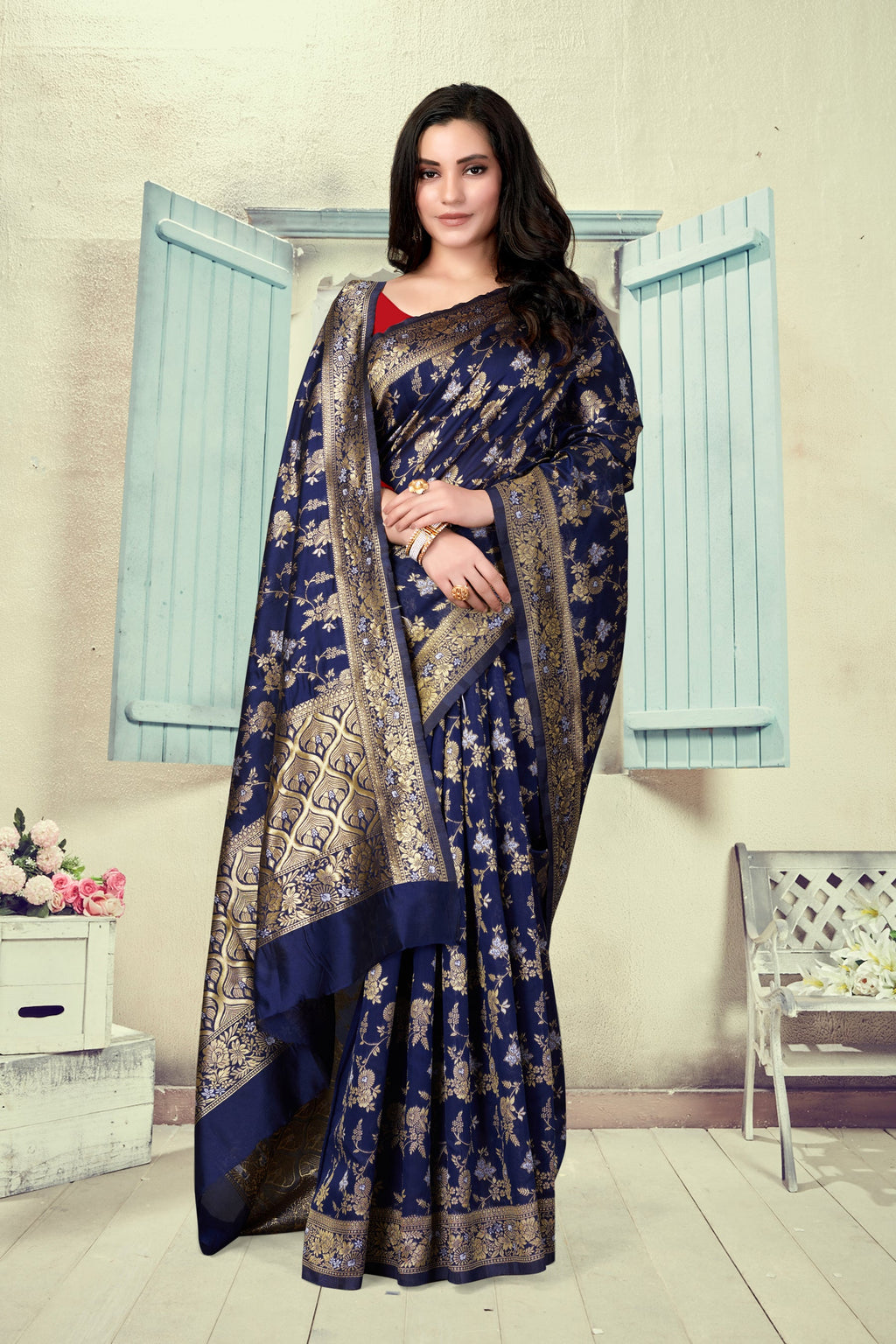 Vedant Vastram Litchi Silk Designer Banarasi Saree - Navy Blue | Grocsy