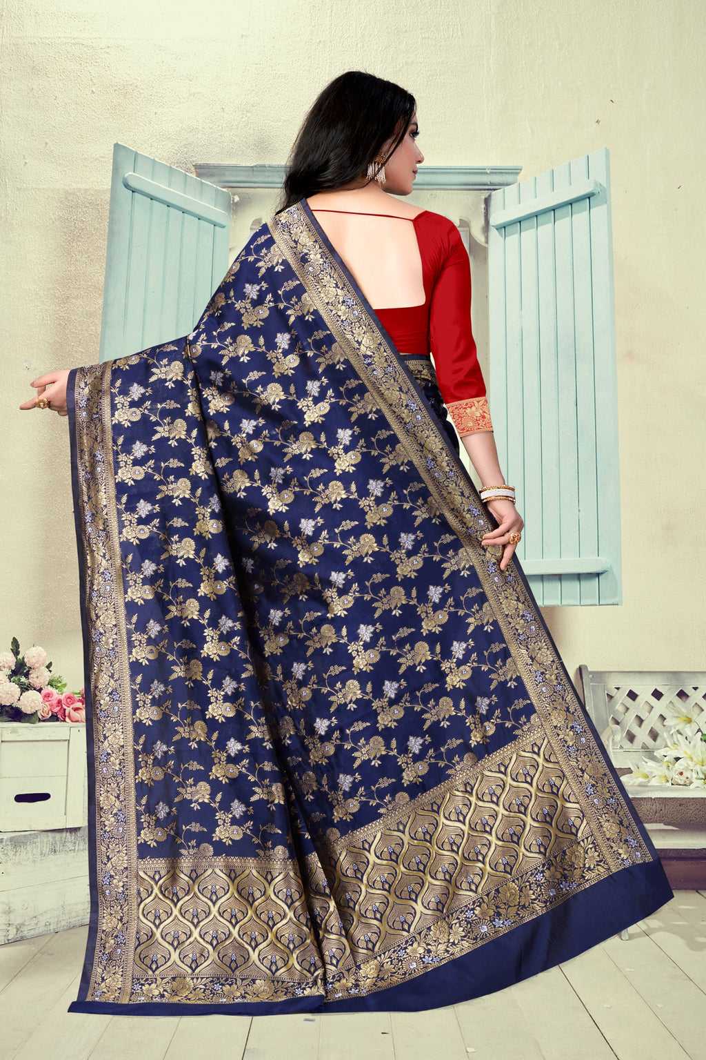 Vedant Vastram Litchi Silk Designer Banarasi Saree - Navy Blue | Grocsy