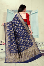 Vedant Vastram Litchi Silk Designer Banarasi Saree - Navy Blue | Grocsy