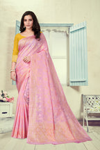 Vedant Vastram Litchi Silk Designer Banarasi Saree - Pink | Grocsy