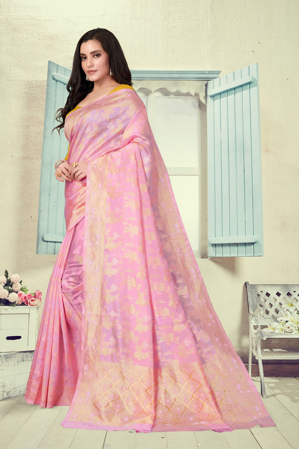 Vedant Vastram Litchi Silk Designer Banarasi Saree - Pink | Grocsy