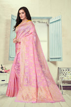 Vedant Vastram Litchi Silk Designer Banarasi Saree - Pink | Grocsy