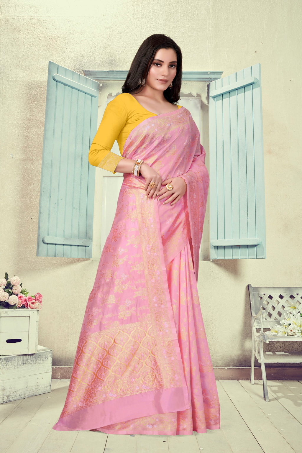 Vedant Vastram Litchi Silk Designer Banarasi Saree - Pink | Grocsy