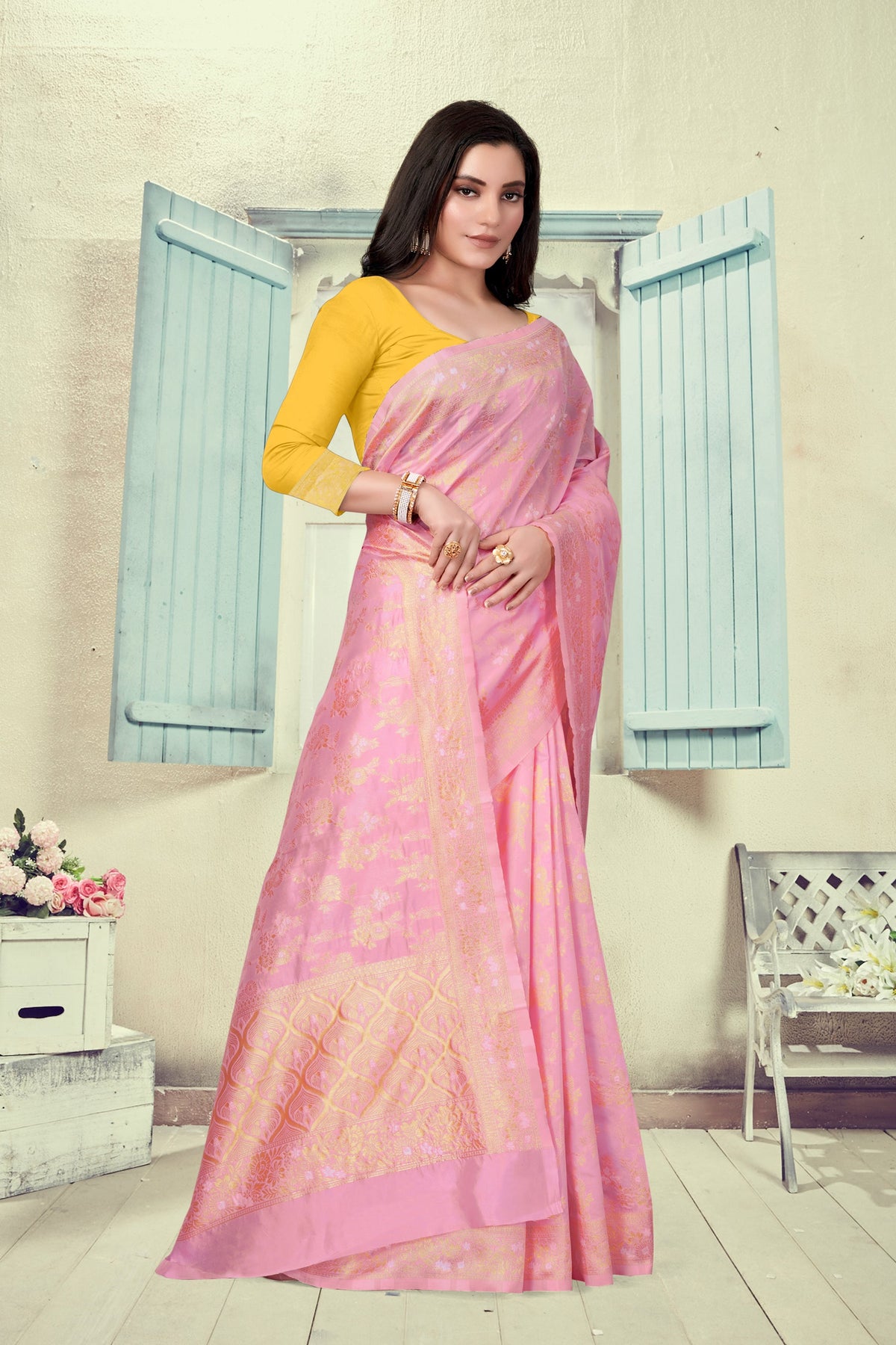 Vedant Vastram Litchi Silk Designer Banarasi Saree - Pink | Grocsy
