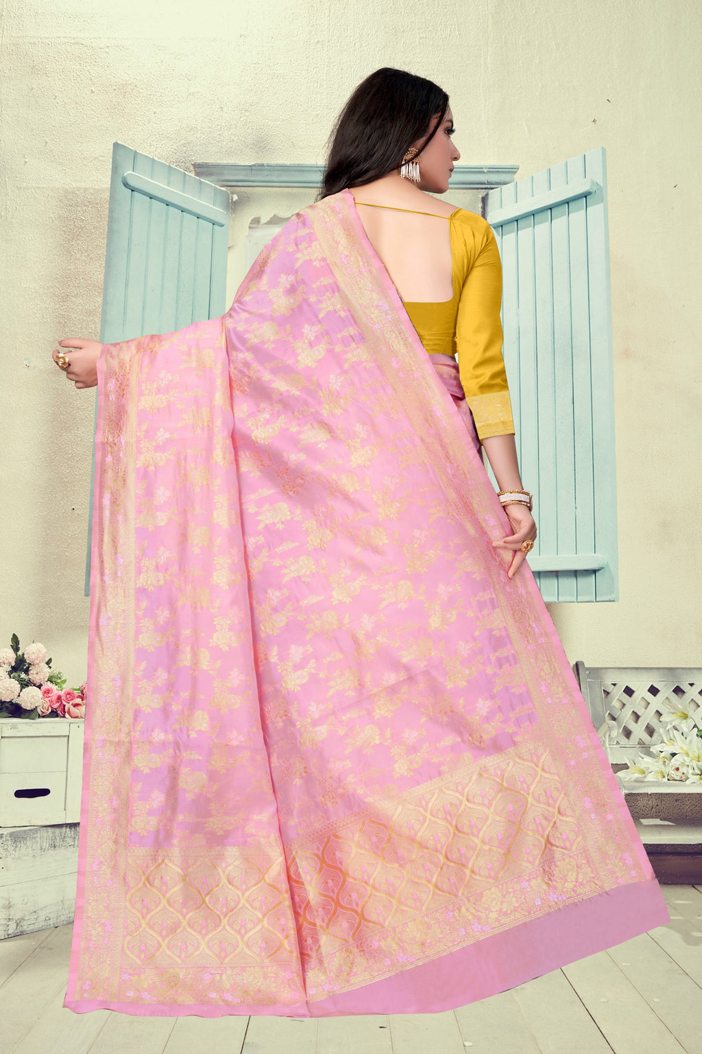 Vedant Vastram Litchi Silk Designer Banarasi Saree - Pink | Grocsy