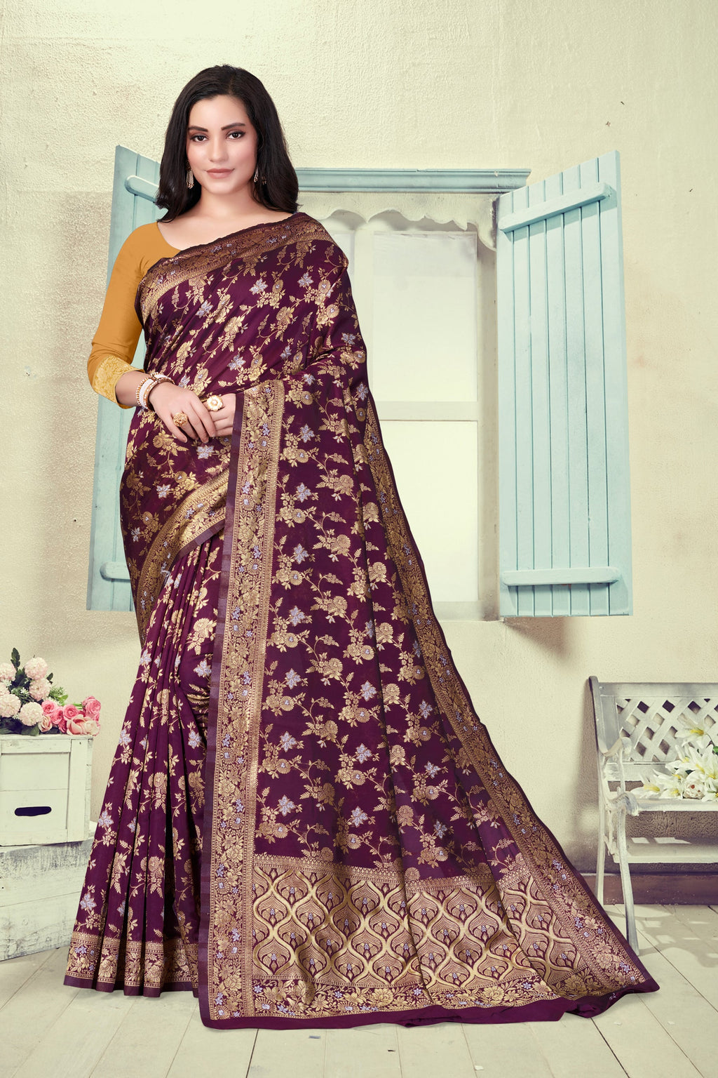 Vedant Vastram Litchi Silk Designer Banarasi Saree - Wine | Grocsy