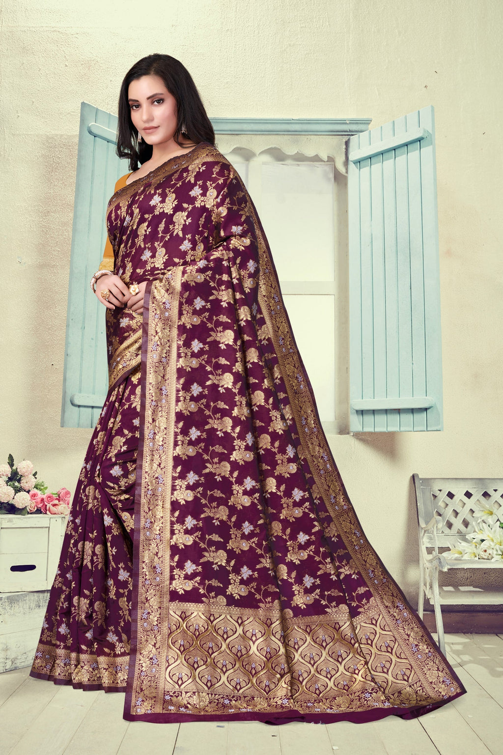 Vedant Vastram Litchi Silk Designer Banarasi Saree - Wine | Grocsy