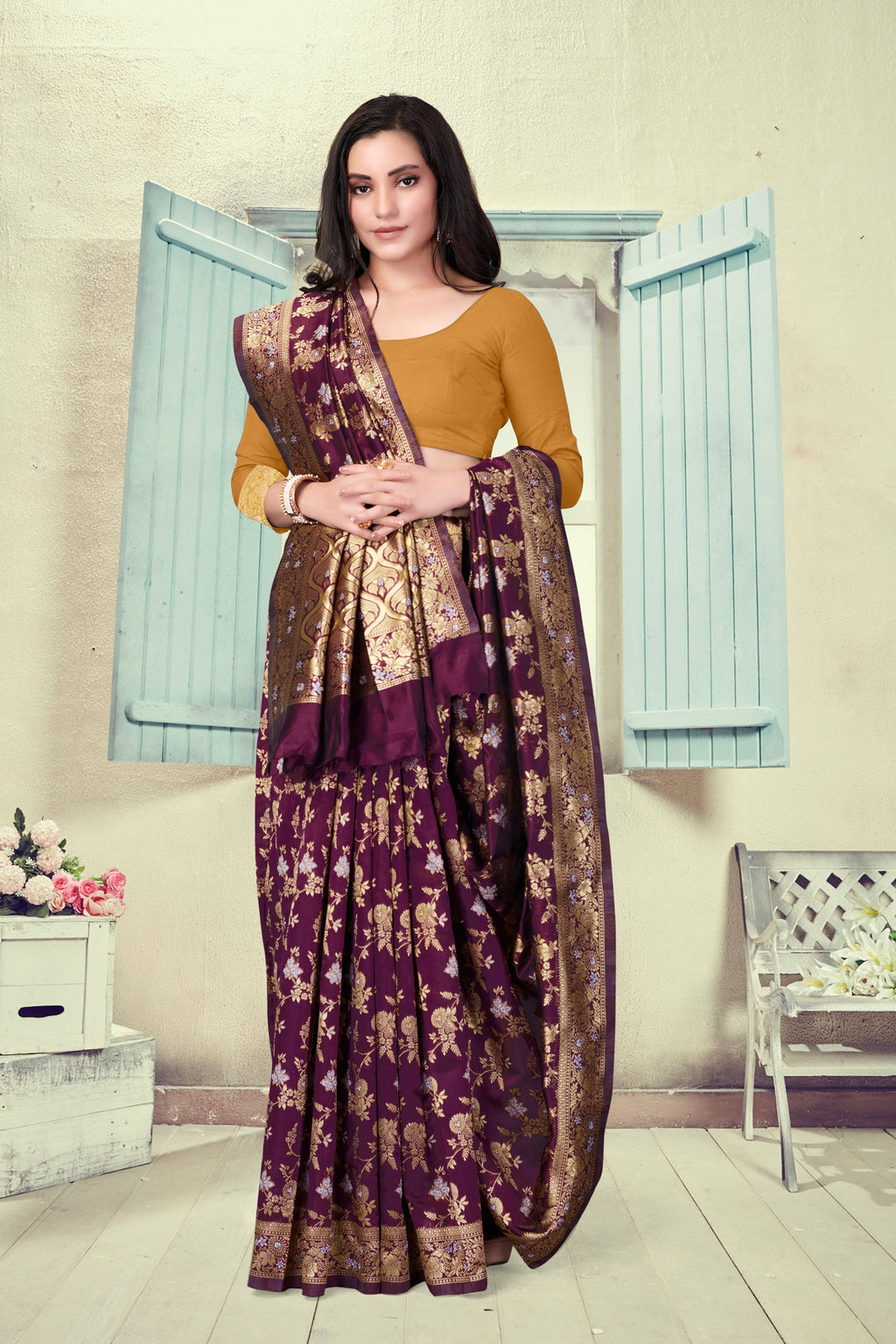 Vedant Vastram Litchi Silk Designer Banarasi Saree - Wine | Grocsy