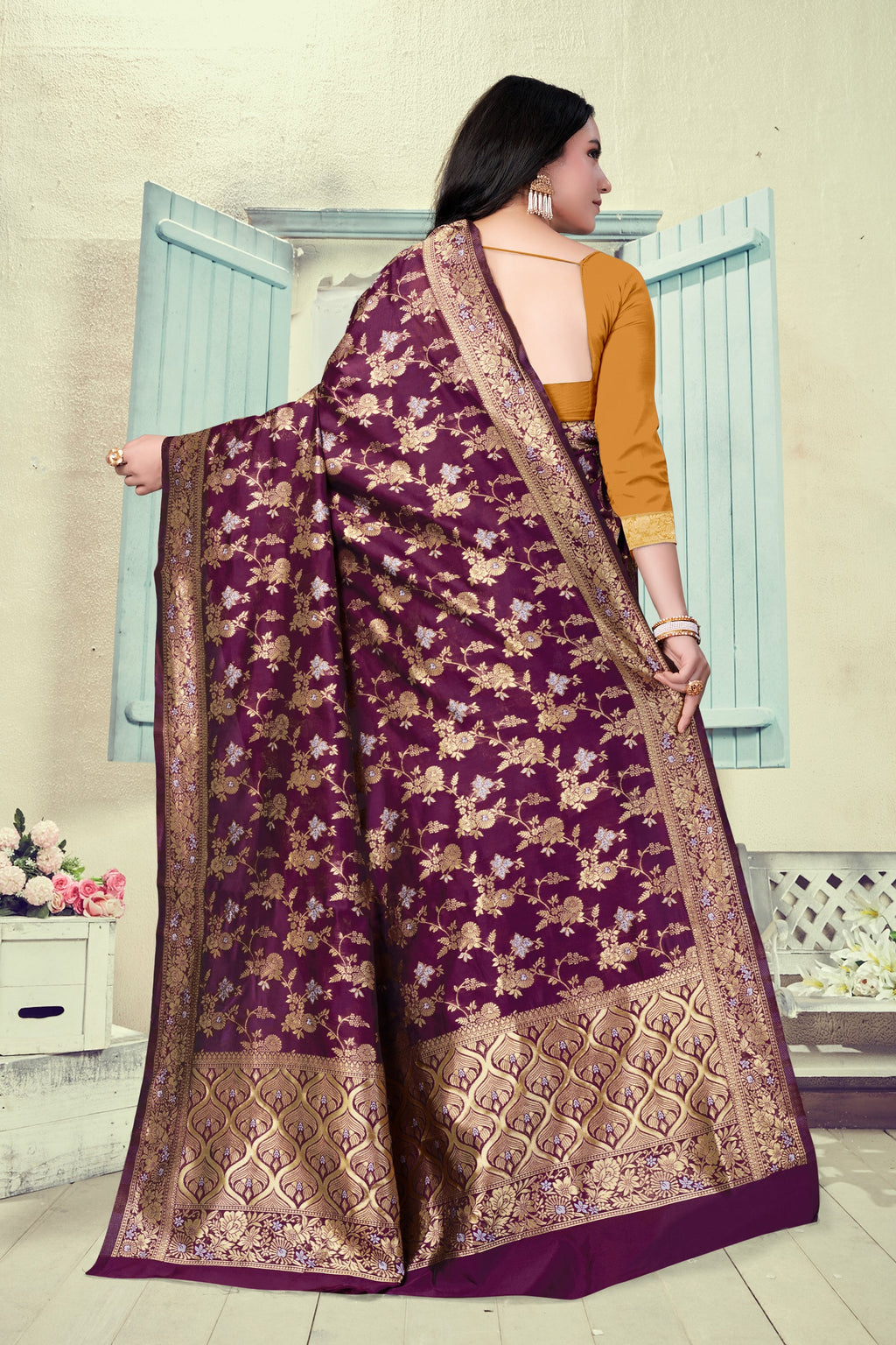 Vedant Vastram Litchi Silk Designer Banarasi Saree - Wine | Grocsy