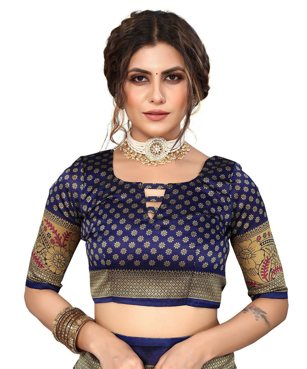 Vamika white & navy Printed Art Silk Saree | Grocsy