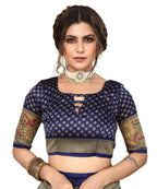 Vamika white & navy Printed Art Silk Saree | Grocsy