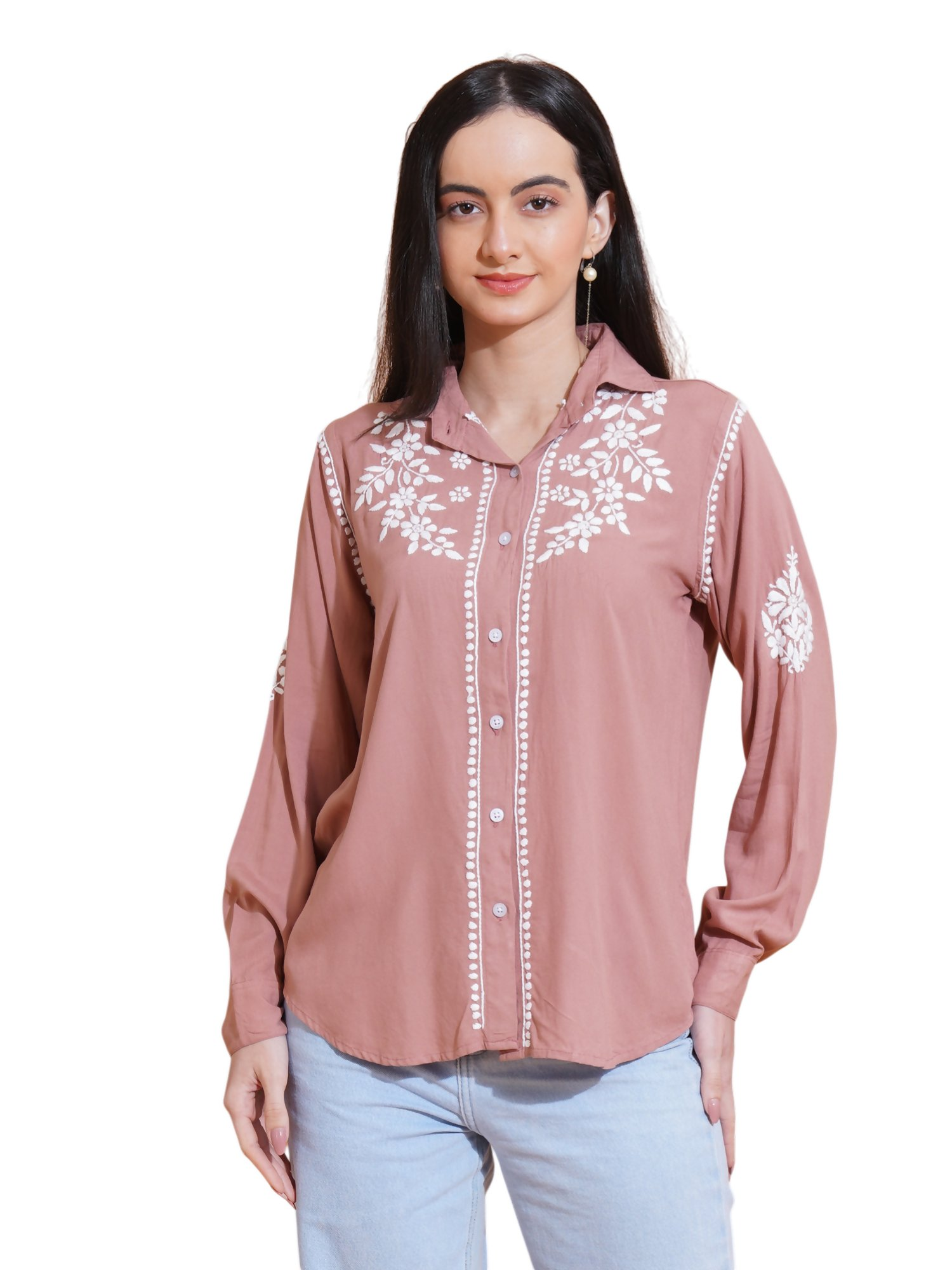 Pahnaz Modal Chikankari Handwork Shirt-Brown | Grocsy