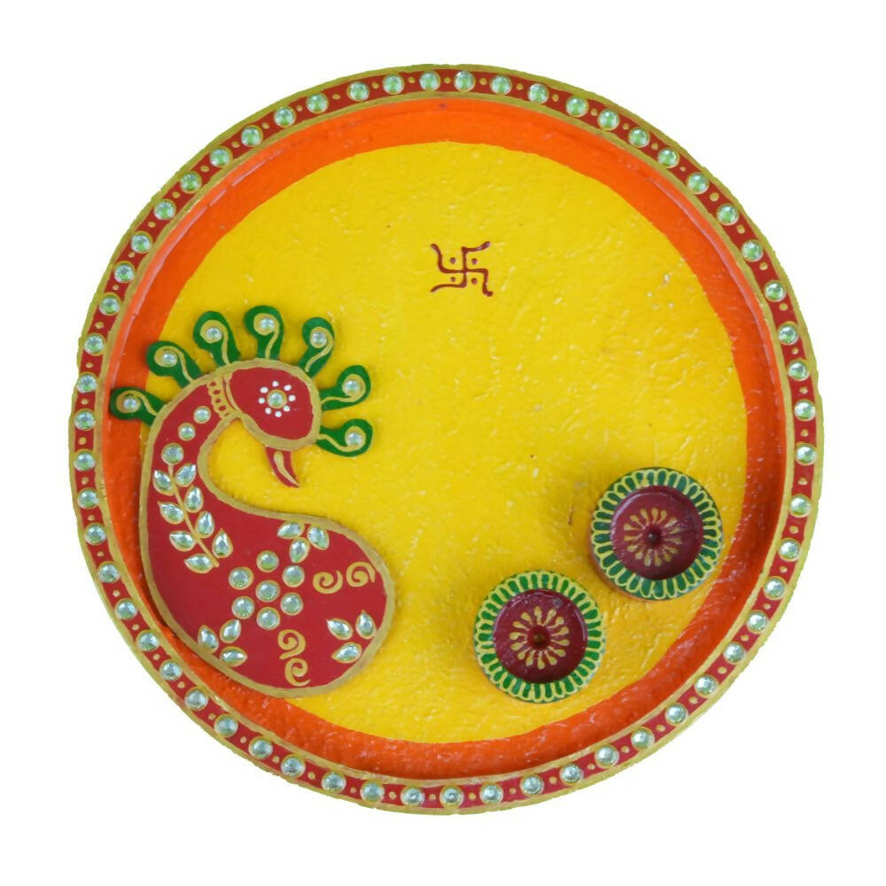 Kundan HandiKrafts Mdf Peacock Pooja Thali (Round) | Grocsy