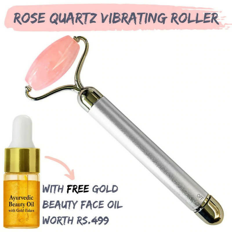 Natural Vibes Rose Quartz Vibrating Face Massage Roller with Free Gold Beauty Elixir Oil | Grocsy