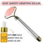 Natural Vibes Rose Quartz Vibrating Face Massage Roller with Free Gold Beauty Elixir Oil | Grocsy