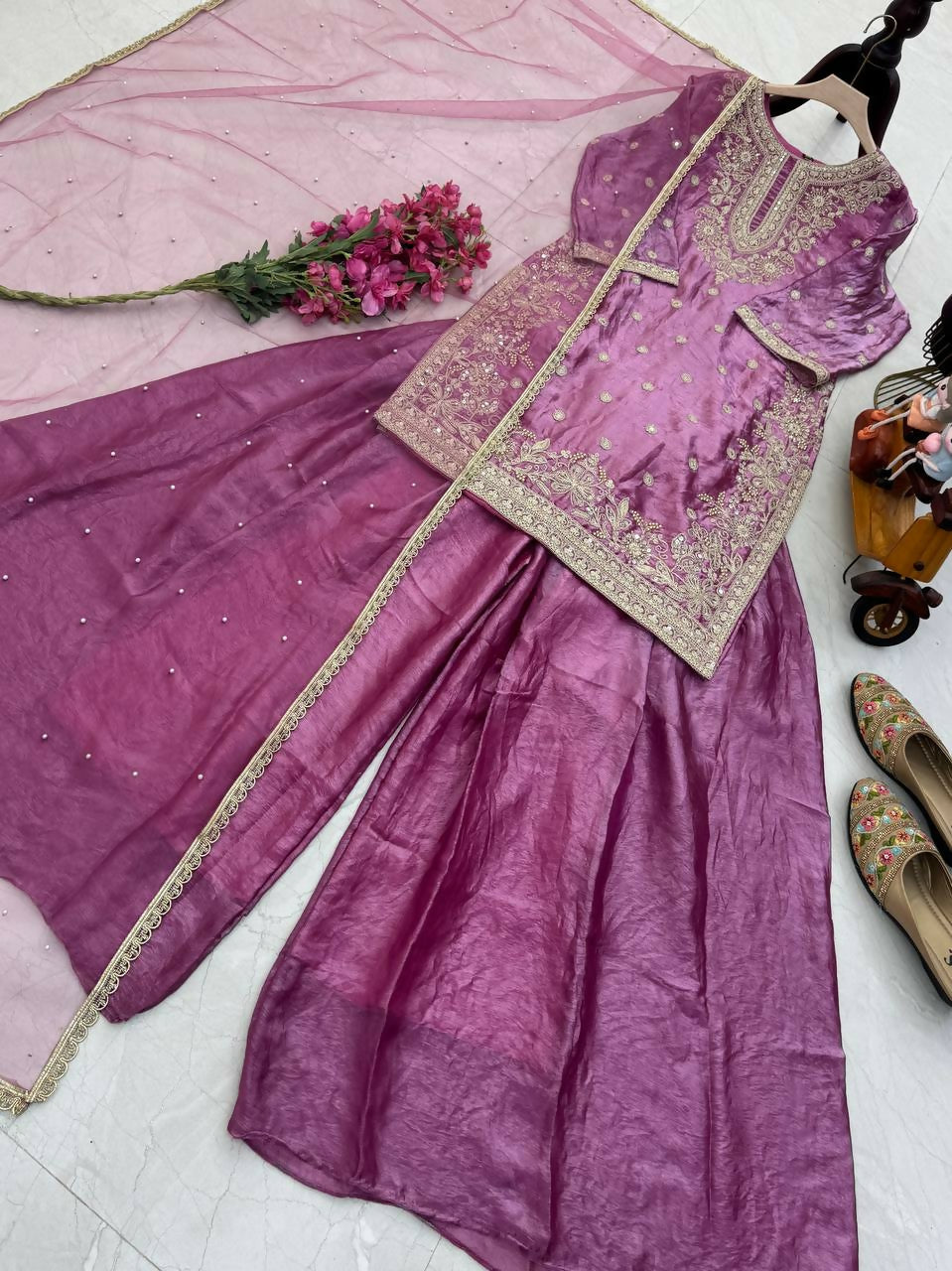Teeya Creation New Trendy Womens Wedding Wear Kurta Palazzo Set - Pink | Grocsy