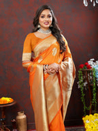 Lorenvalley Fashion Orange Soft Silk Woven Design Gold Zari Weaving Saree | Grocsy
