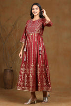 Juniper Women Maroon Shantoon Printed Anarkali Dress | Grocsy