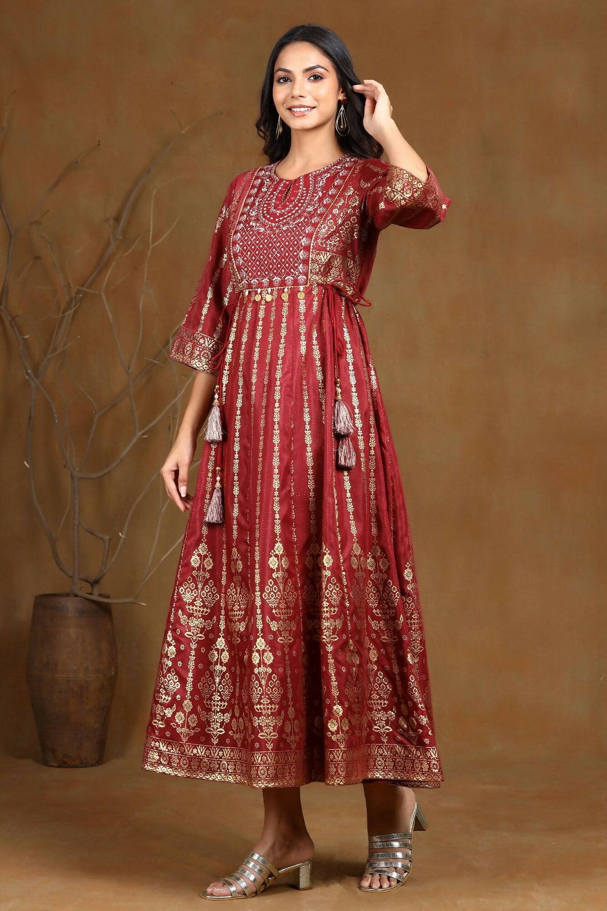 Juniper Women Maroon Shantoon Printed Anarkali Dress | Grocsy