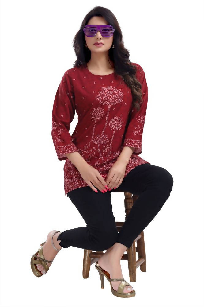 Snehal Creations Maroon Faux Crepe Printed Short Kurti Tunic Top | Grocsy