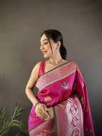 Joban Fashion Pink Elephant & Floral Motifs Soft Lichi Silk Banarasi Saree | Grocsy