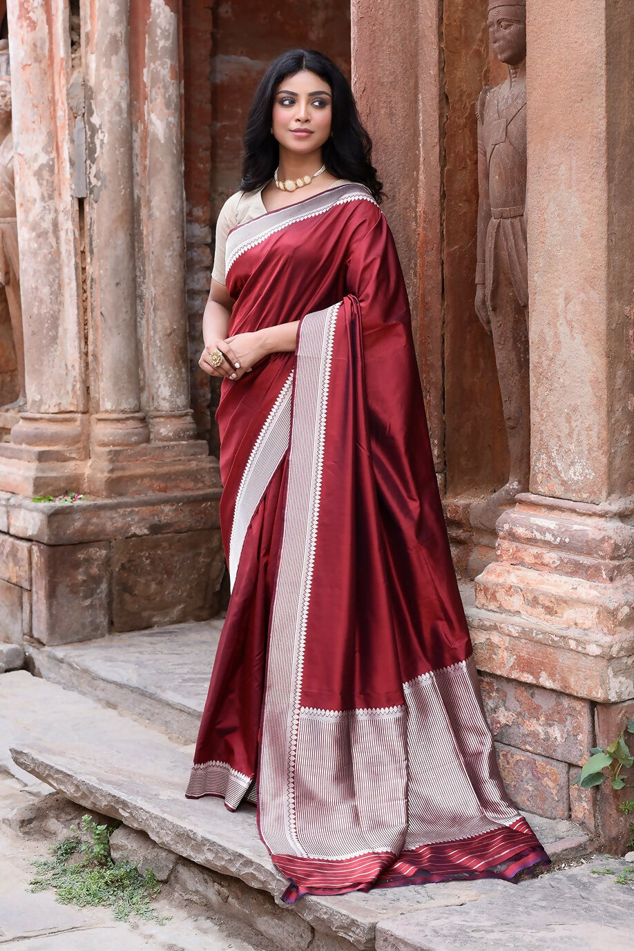 Joban Fashion Maroon Red Colour Banarasi Katan Pure Handloom Banarasi Silk Saree | Grocsy