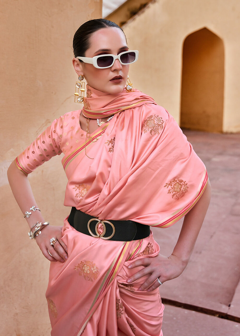 Sea Pink Pure Satin Zari Weaving Wedding Festive Saree - Emponline | Grocsy
