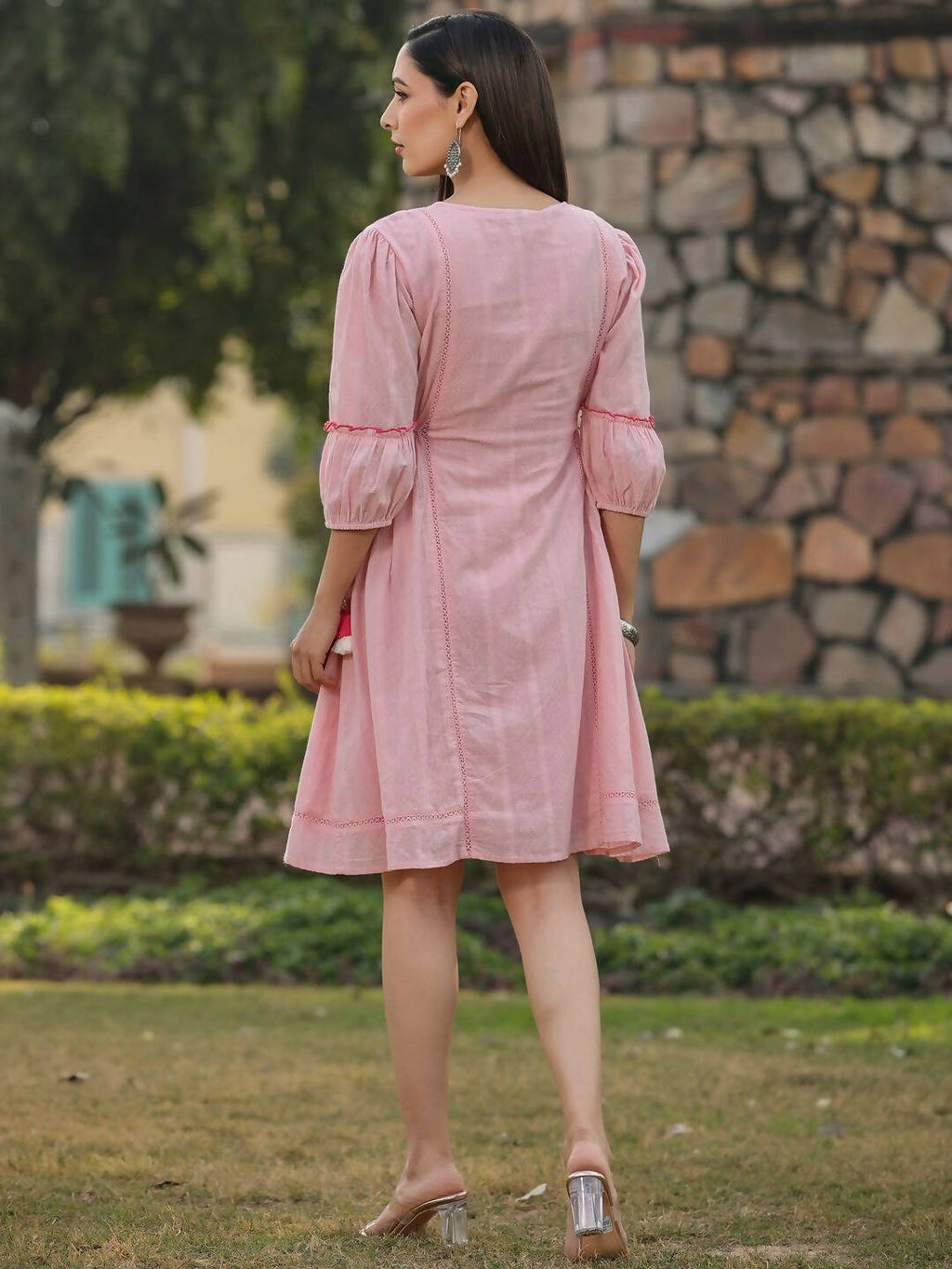 Juniper Women's Pink Cotton Dobby Embroidered Flared Dress | Grocsy
