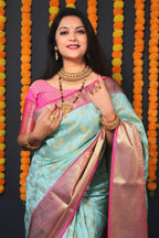 Jyoti Fashion Women's Sky Blue Kanjivaram Silk Zari Woven Saree with Blouse | Grocsy