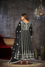 Jyoti Fashion Women's Black Net Embroidered Anarkali Kurta Pant Set With Dupatta | Grocsy