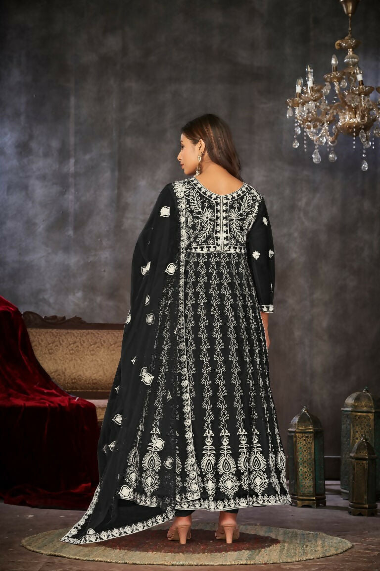 Jyoti Fashion Women's Black Net Embroidered Anarkali Kurta Pant Set With Dupatta | Grocsy