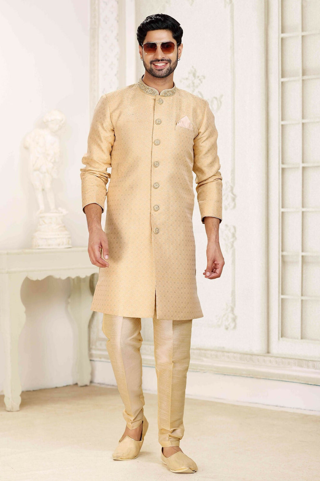 Raivat Ethnic Banarasi Jacquard Embroidery Semi Indo Western Sherwani In Beige Colour | Grocsy