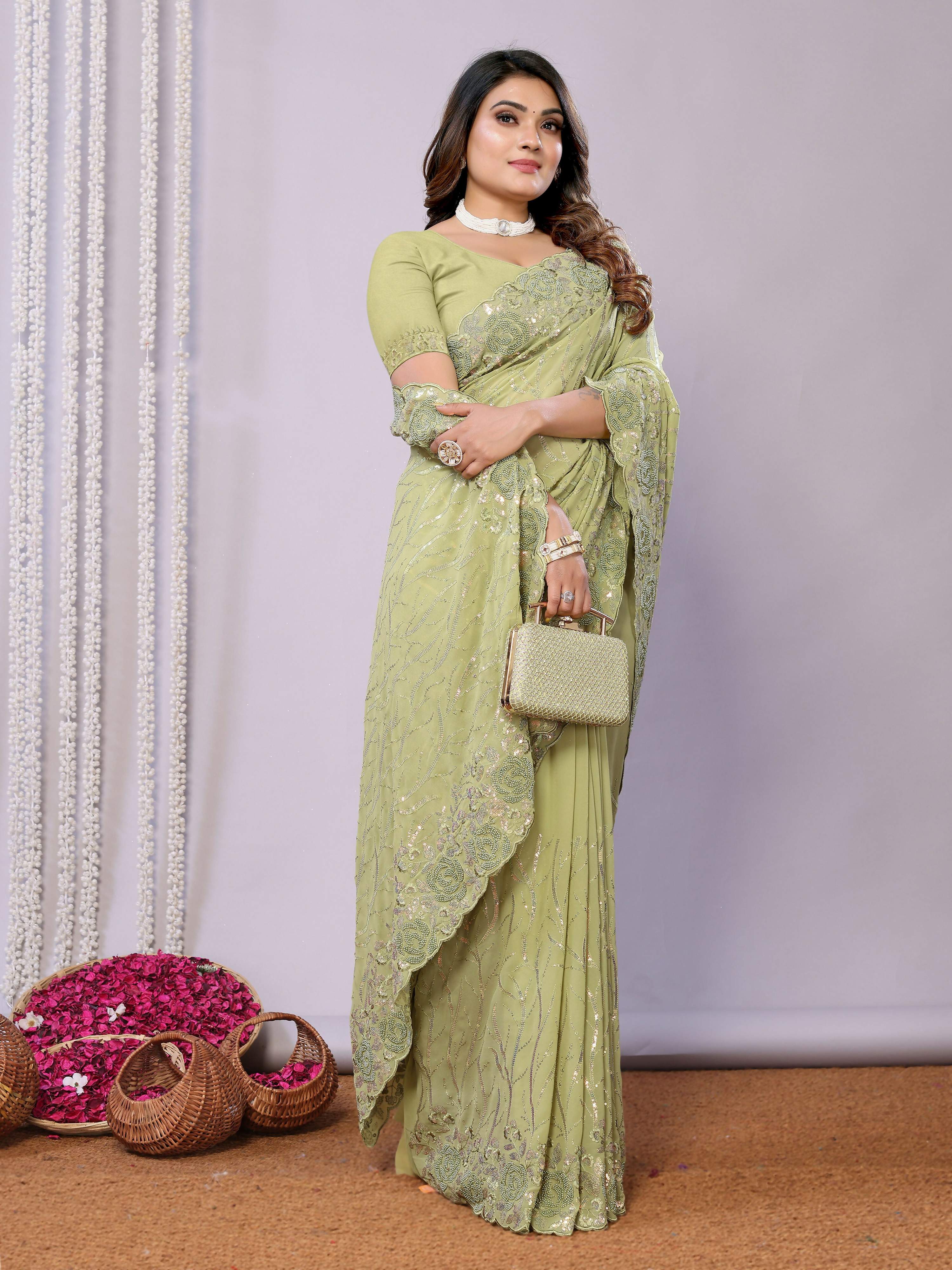 Gajari Pure Georgette Embroidered Saree With Stitched Blouse - Nimaya Kaksha | Grocsy