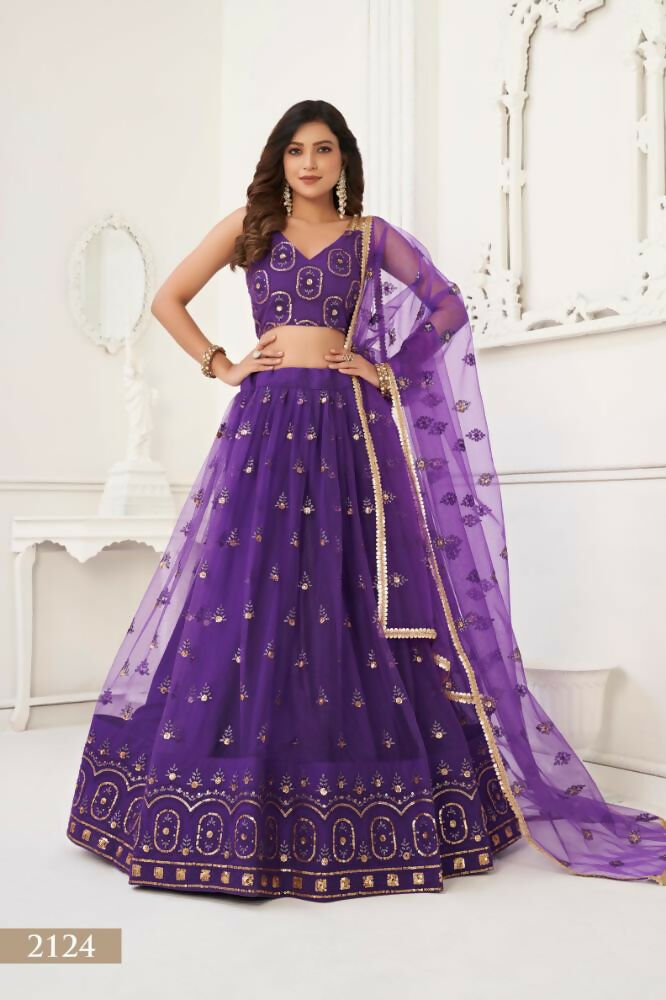 Aastha Fashion Purple Butterfly Net Tone To Tone Thread Work And Sandwich Sequence Work Embroidery Wedding Wear Lehenga Choli | Grocsy