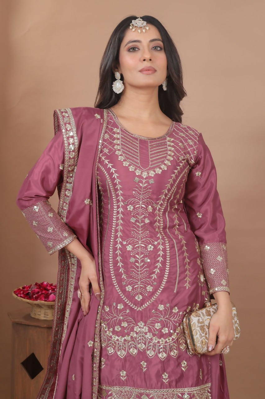 Teeya Creation Dark Onion Color Natural Crepe Silk Wedding Wear Trending Salwar Suit | Grocsy