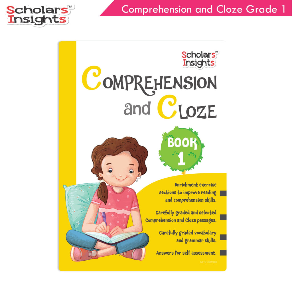 Scholars Insights Comprehension and Cloze Grade 1| English Vocabulary & Grammar Skill Book for Kids| Ages 6-7 Years | Grocsy