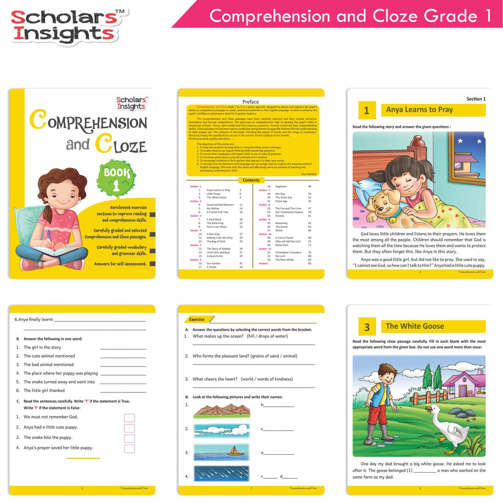 Scholars Insights Comprehension and Cloze Grade 1| English Vocabulary & Grammar Skill Book for Kids| Ages 6-7 Years | Grocsy