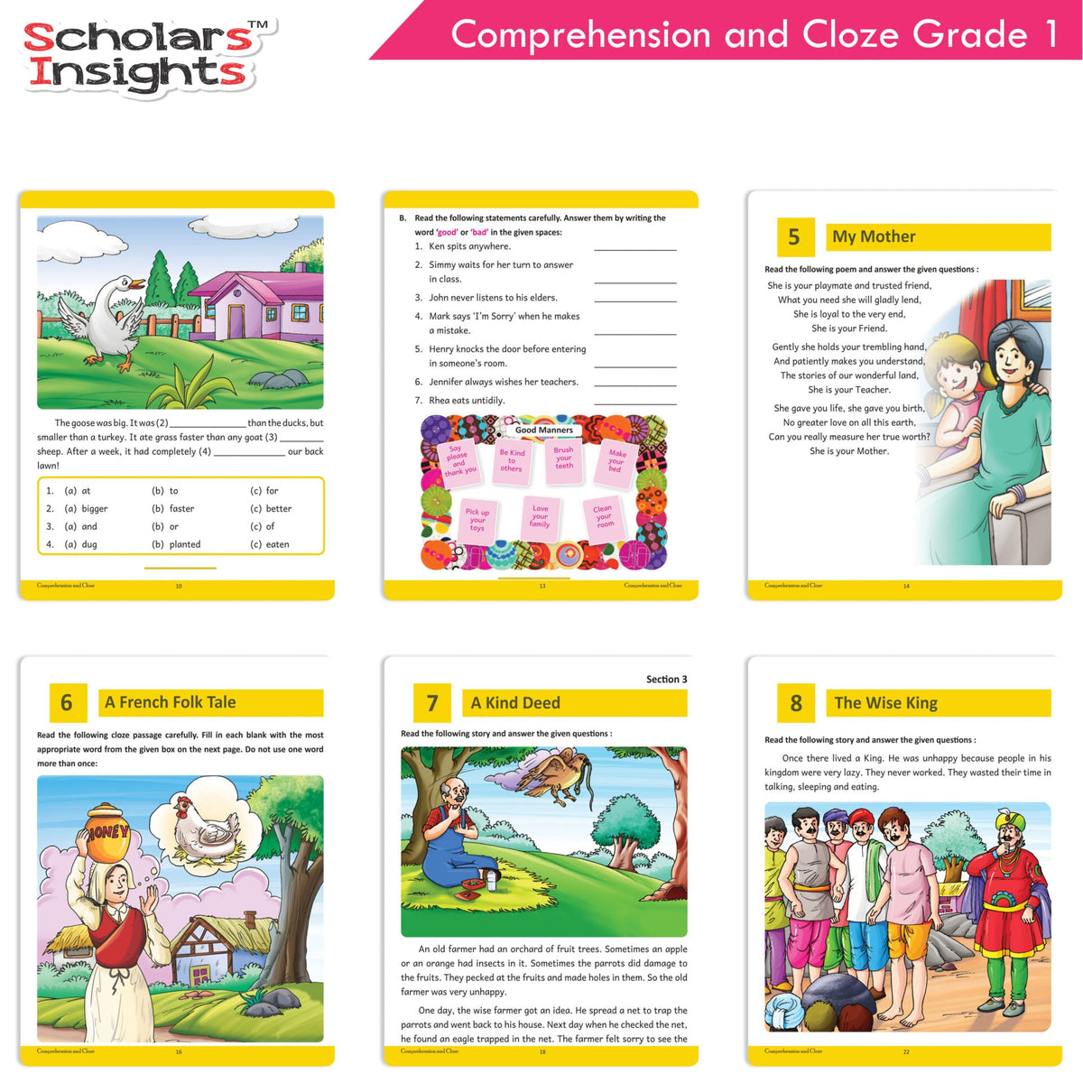 Scholars Insights Comprehension and Cloze Grade 1| English Vocabulary & Grammar Skill Book for Kids| Ages 6-7 Years | Grocsy