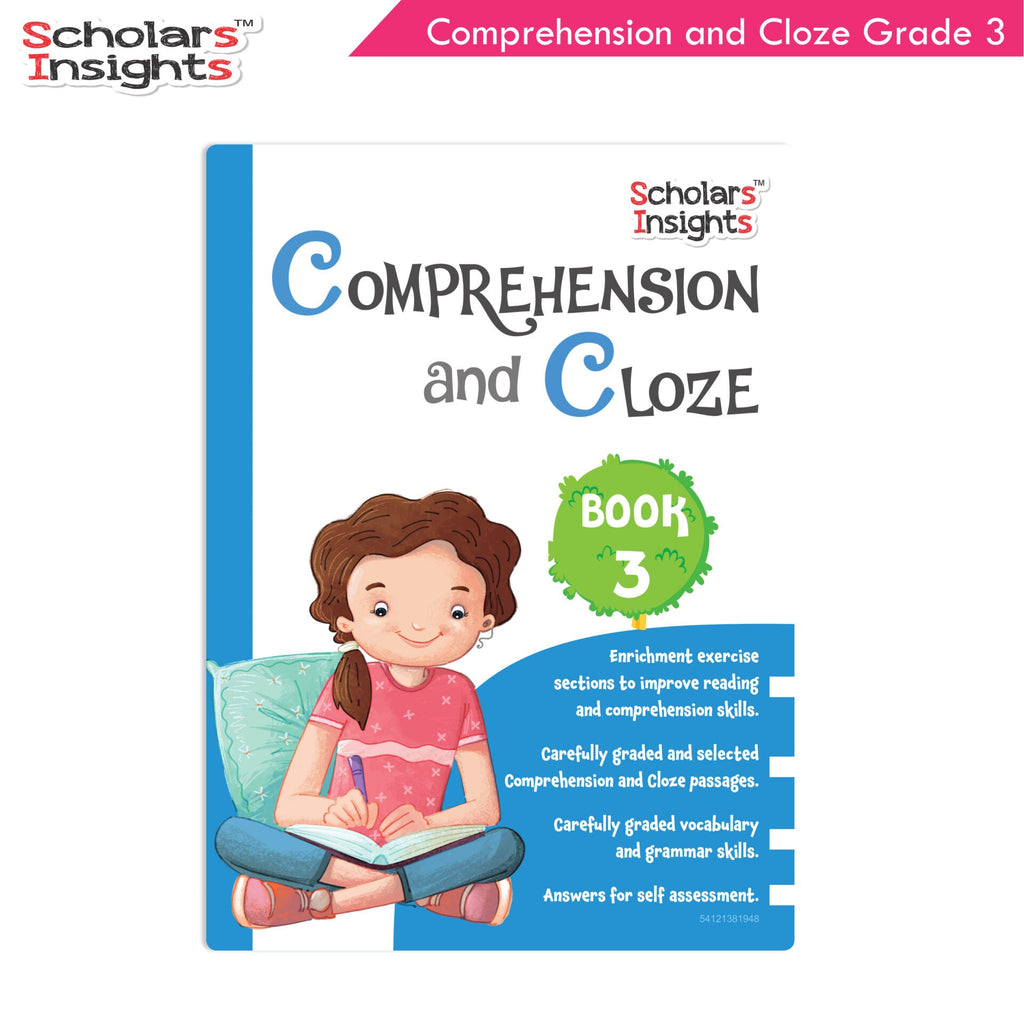 Scholars Insights Comprehension and Cloze Grade 3|English Vocabulary, Grammar Skill Book 3| Ages 8-9 Years | Grocsy