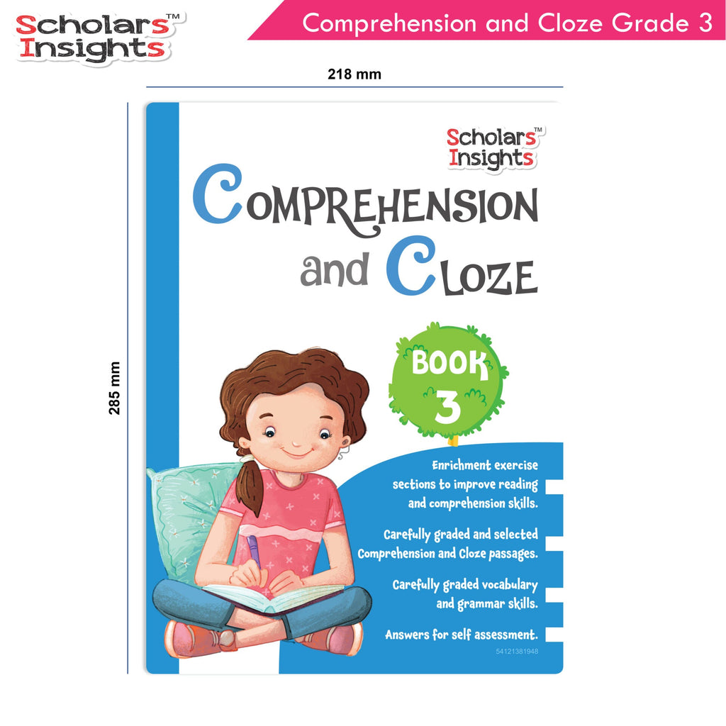 Scholars Insights Comprehension and Cloze Grade 3|English Vocabulary, Grammar Skill Book 3| Ages 8-9 Years | Grocsy