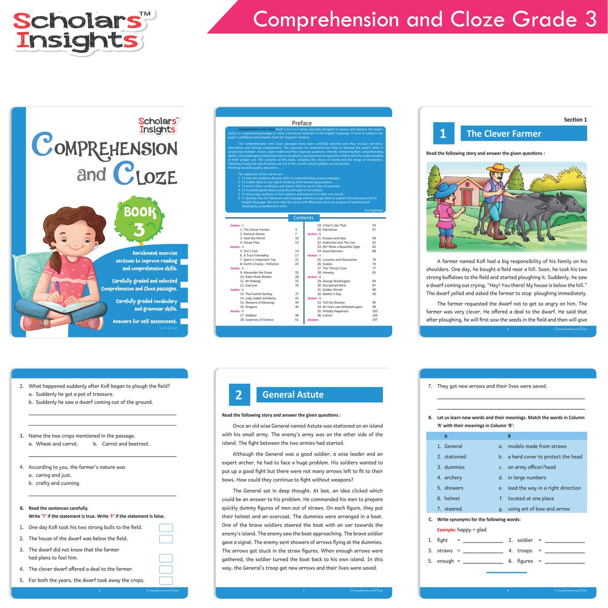Scholars Insights Comprehension and Cloze Grade 3|English Vocabulary, Grammar Skill Book 3| Ages 8-9 Years | Grocsy