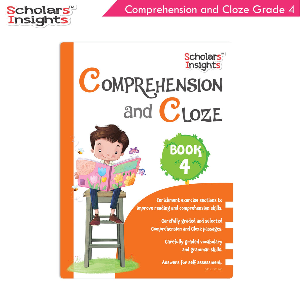 Scholars Insights Comprehension and Cloze Grade 4|English Vocabulary, Grammar Skill Book 4| Ages 9-10 Years | Grocsy