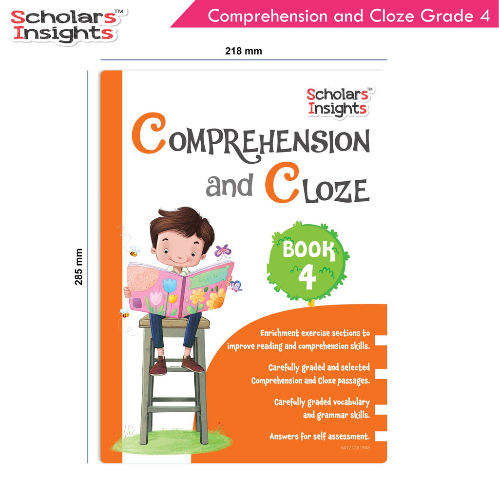 Scholars Insights Comprehension and Cloze Grade 4|English Vocabulary, Grammar Skill Book 4| Ages 9-10 Years | Grocsy